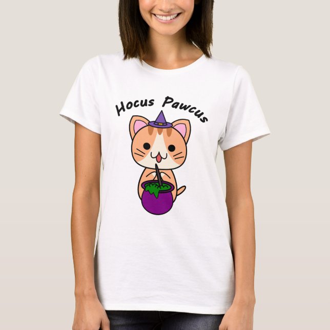 Hocus Pawcus - Ginger Tabby Cat - Black Writing T-Shirt (Front)
