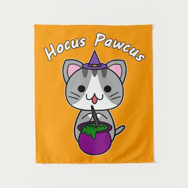 Hocus Pawcus - Gray Tabby Cat - White Writing Tapestry (Front)