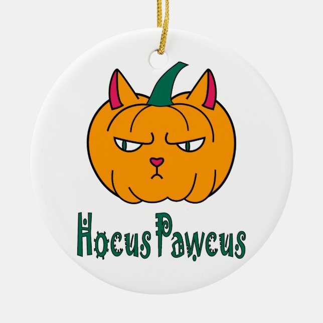 Hocus pawcus Halloween pumpkin ginger cat magic Ceramic Ornament (Front)