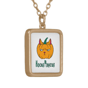 Hocus pawcus Halloween pumpkin ginger cat magic Gold Plated Necklace