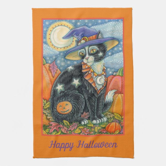 HOCUS POCUS BLACK CAT WITCH HALLOWEEN KITCHEN TOWEL (Vertical)