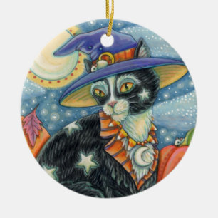 HOCUS POCUS BLACK CAT WITCH & MOUSE HALLOWEEN CERAMIC ORNAMENT
