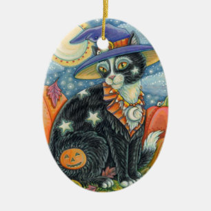 HOCUS POCUS BLACK CAT WITCH & MOUSE HALLOWEEN CERAMIC ORNAMENT