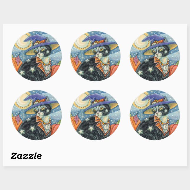 HOCUS POCUS BLACK CAT WITCH & MOUSE HALLOWEEN CLASSIC ROUND STICKER (Sheet)