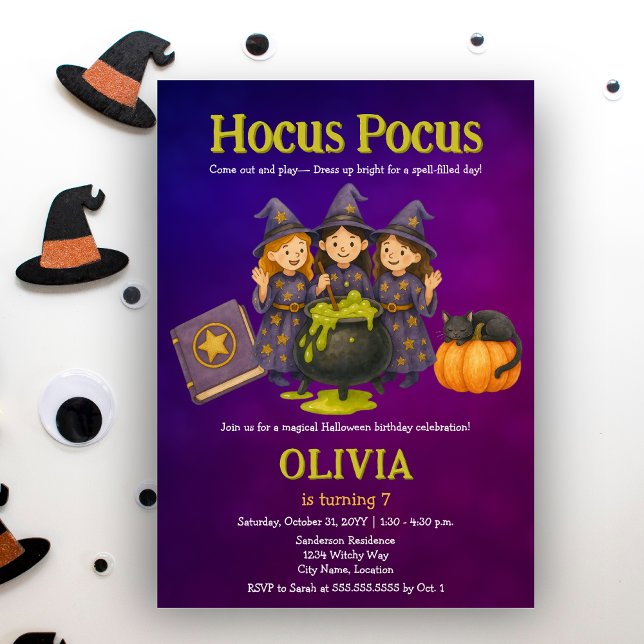 Hocus Pocus Halloween Birthday Party Invitation (Cut little witches October Halloween birthday costume party invitation)