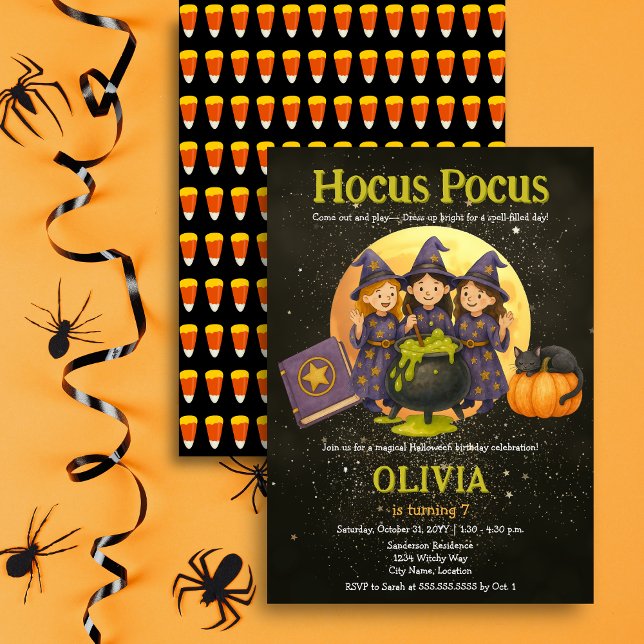 Hocus Pocus Halloween Birthday Party Invitation (Hocus Pocus three little witches Halloween birthday party invitation in situ.)