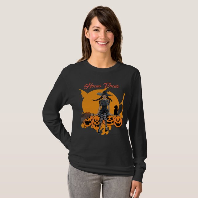 Hocus Pocus Halloween Witch Cat Jack O Lantern Fun T-Shirt (Front Full)