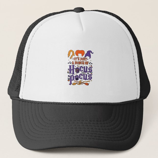 Hocus Pocus Halloween Witches Cauldron Broom Cat M Trucker Hat (Front)