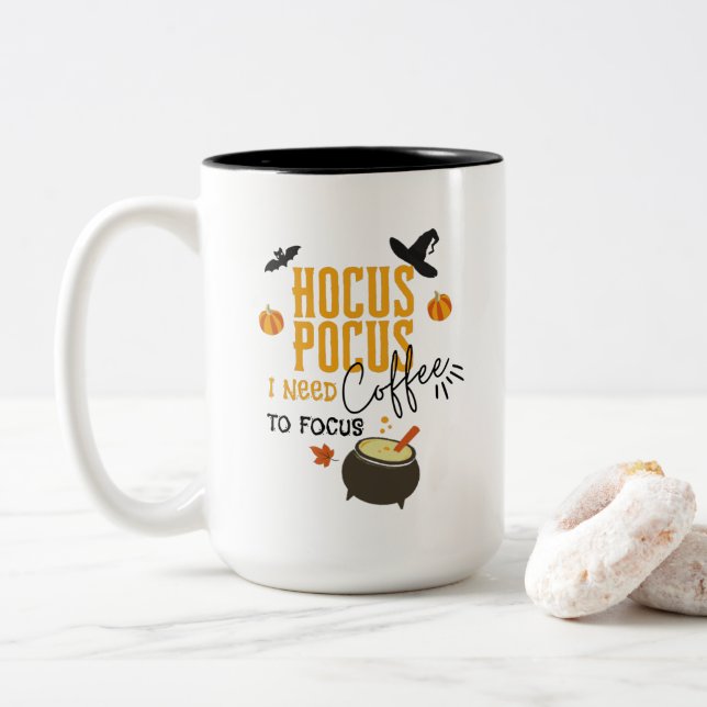 Hocus Pocus I Need coffee To Focus Halloween Two-Tone Coffee Mug (With Donut)