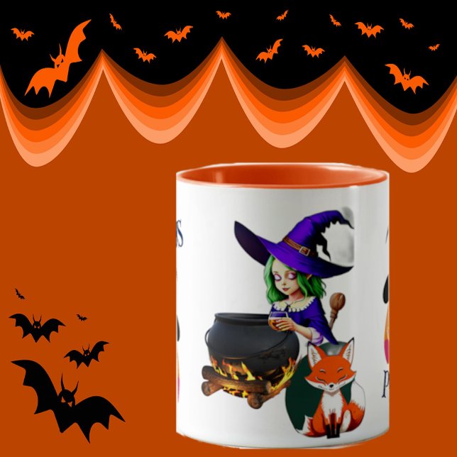 Hocus Pocus Magic Cauldron | Witch with Fox & Jack Mug (Hocus Pocus Magic Cauldron Witch Hat Fox Pumpkin Mug)