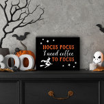 Hocus Pocus Modern Orange and Black Halloween Wooden Box Sign<br><div class="desc">"Hocus Pocus I need coffee to focus" funny custom coffee kitchen decor sign for Halloween features a modern decorative orange and black typography design with flying witch and star accents.</div>