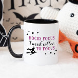 Hocus Pocus Modern Purple and Black Halloween Mug<br><div class="desc">"Hocus Pocus I need coffee to focus" funny custom coffee mug for Halloween features a modern decorative violet purple and black typography design with flying witch and star accents.</div>
