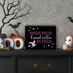 Hocus Pocus Modern Purple and Black Halloween Wooden Box Sign<br><div class="desc">"Hocus Pocus I need coffee to focus" funny custom coffee kitchen decor sign for Halloween features a modern decorative purple and black typography design with flying witch and star accents.</div>