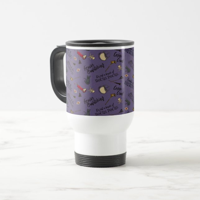 Hocus Pocus Trouble is Brewing Pattern Travel Mug (Front Left)