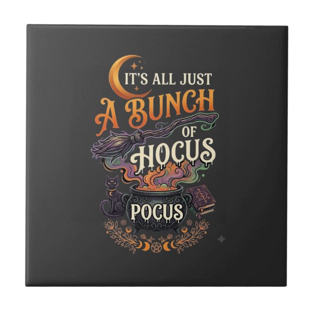 Hocus Pocus Witch Broom Black Cat Magic Cauldron H Ceramic Tile (Front)