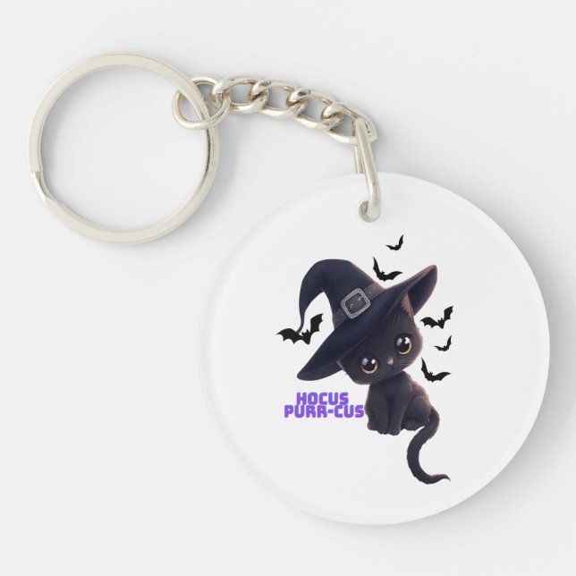 Hocus Purr-cus Cute Black Cat Halloween Art Keychain (Front)