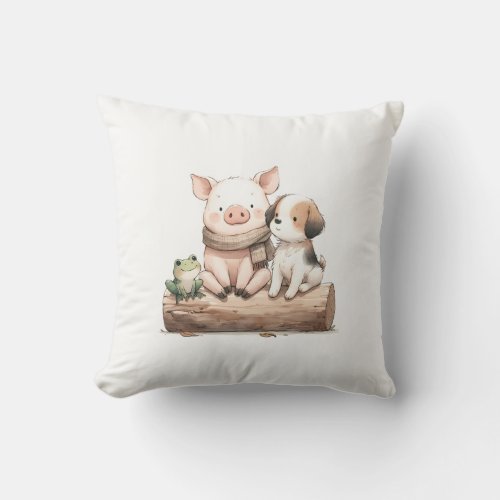 Hog Frog  Dog on a Log Cute Animal Friends Kids Throw Pillow