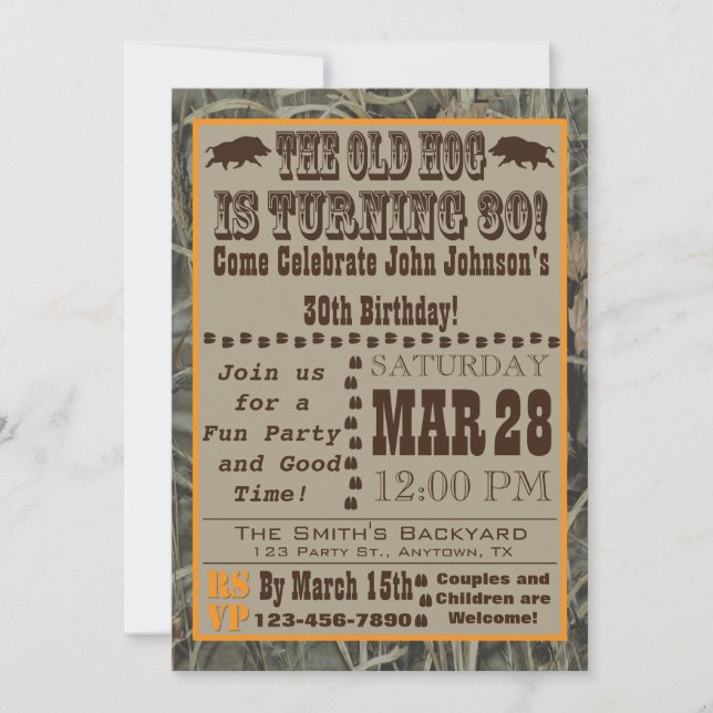Hog Hunting 30th Birthday Invitation with Camo (Front)