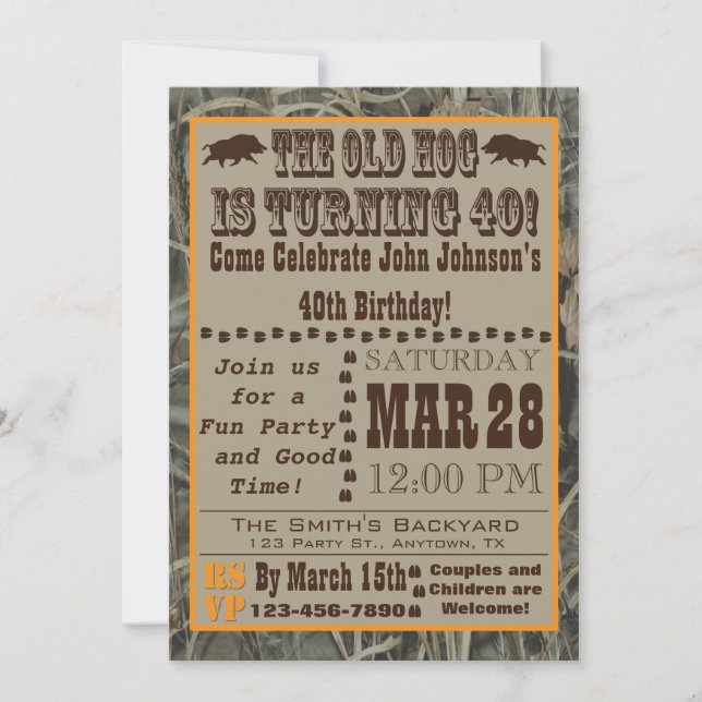 Hog Hunting 40th Birthday Invitation with Camo (Front)