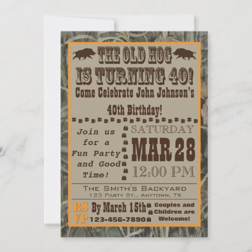 Hog Hunting 40th Birthday Invitation with Camo