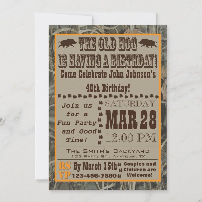 Hog Hunting Birthday Invitation with Camo (Front)