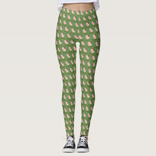 Hoggy Holidays  Cute Pig wearing a Santa Hat Leggings (Front)