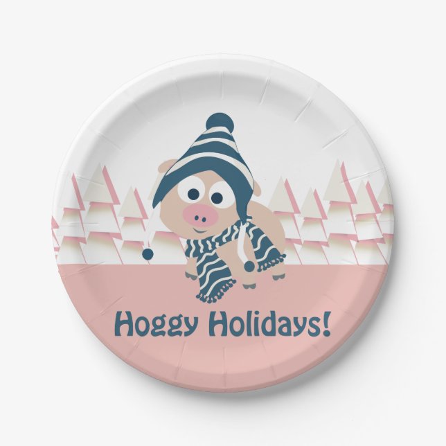 Hoggy Holidays! Cute Winter Pig Paper Plates (Front)