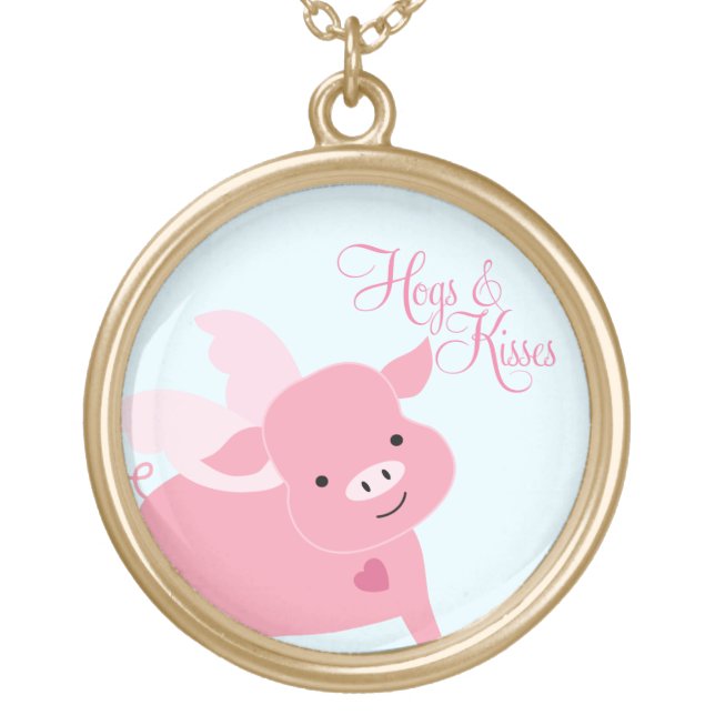 "Hogs and Kisses" Cute Flying Pig Gold Plated Necklace (Front)