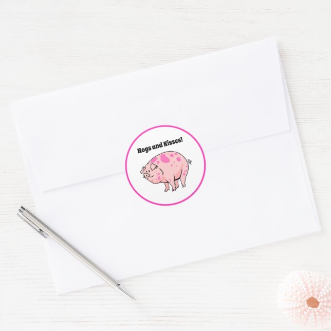 Hogs and Kisses Cute Pig Hog Cartoon Classic Round Sticker (Envelope)