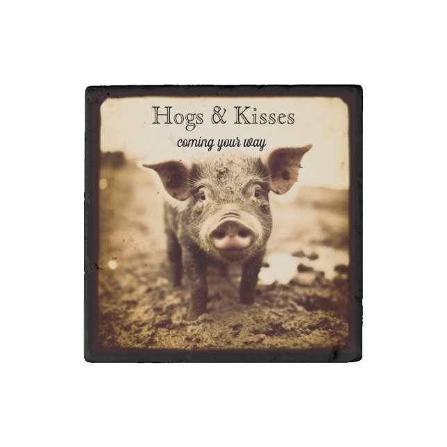 Hogs & Kisses Rustic Sepia Piglet Stone Magnet (Front)