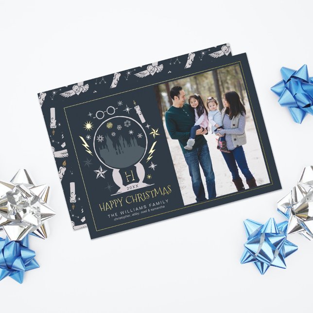 HOGWARTS™ Snow Globe | Happy Christmas Foil Invitation (Card on table)