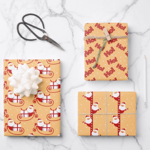 HoHoHo Santa Claus Images on Peach Christmas Wrapping Paper Sheets