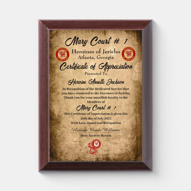 HOJ Certificate  Award Plaque (Vertical)