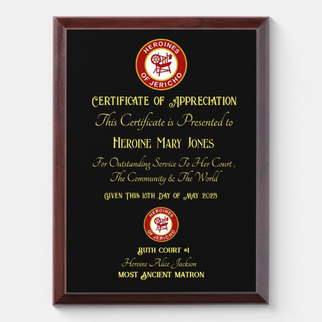 HOJ Certificate of appreciation  Award Plaque (Vertical)
