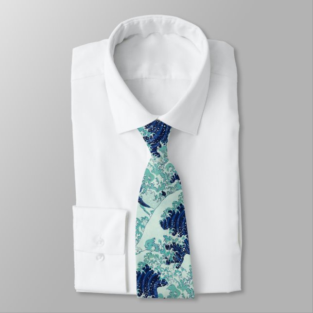 Hokusai Blue Waves Pattern Neck Tie (Tied)