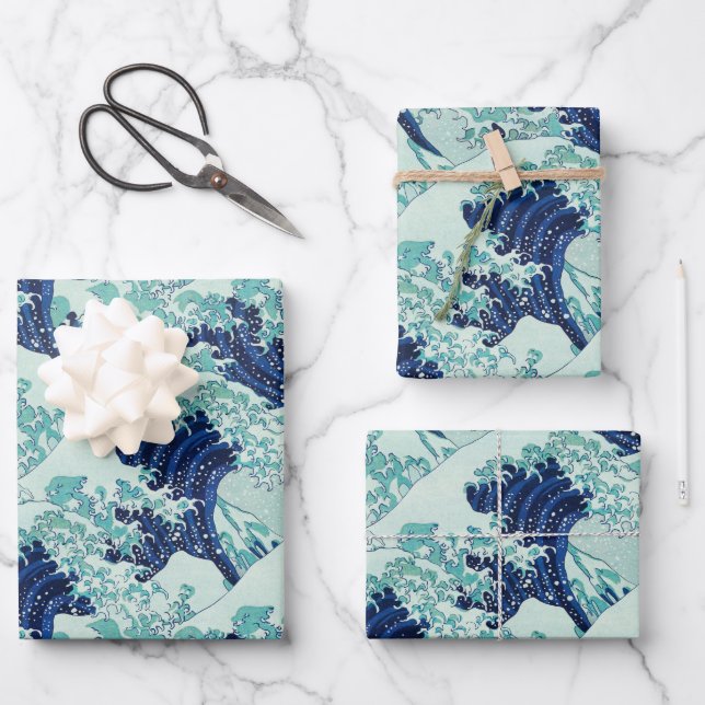 Hokusai Blue Waves Pattern Wrapping Paper Sheets (Front)