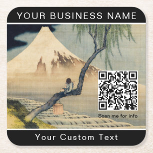 Hokusai - Boy Viewing Mount Fuji - QR Code Square Paper Coaster
