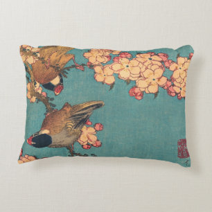 Hokusai Bullfinch and Cherry Blossom Vintage Bird Accent Pillow