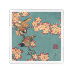 Hokusai Bullfinch and Cherry Blossom Vintage Bird Acrylic Tray