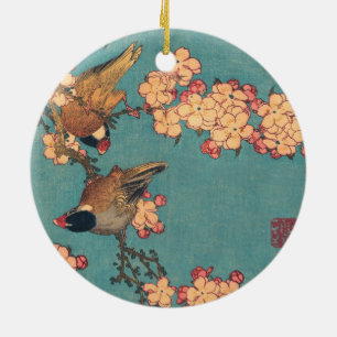 Hokusai Bullfinch and Cherry Blossom Vintage Bird Ceramic Ornament