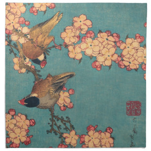 Hokusai Bullfinch and Cherry Blossom Vintage Bird Cloth Napkin