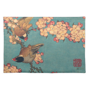 Hokusai Bullfinch and Cherry Blossom Vintage Bird Cloth Placemat