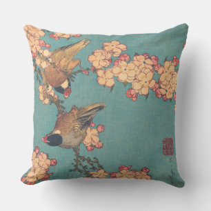 Hokusai Bullfinch and Cherry Blossom Vintage Bird Outdoor Pillow
