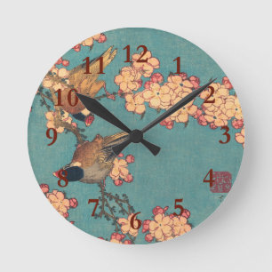 Hokusai Bullfinch and Cherry Blossom Vintage Bird Round Clock