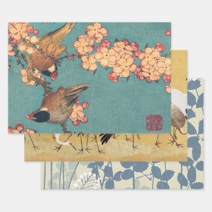 Hokusai Bullfinch and Cherry Blossom Vintage Bird Wrapping Paper Sheets