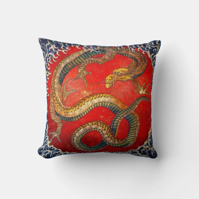 Hokusai Dragon Fantasy Art Throw Pillow (Front)