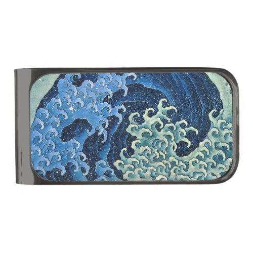Hokusai Feminine Wave Vintage Ocean  Gunmetal Finish Money Clip