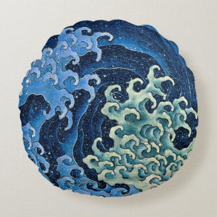 Hokusai Feminine Wave Vintage Ocean Round Pillow