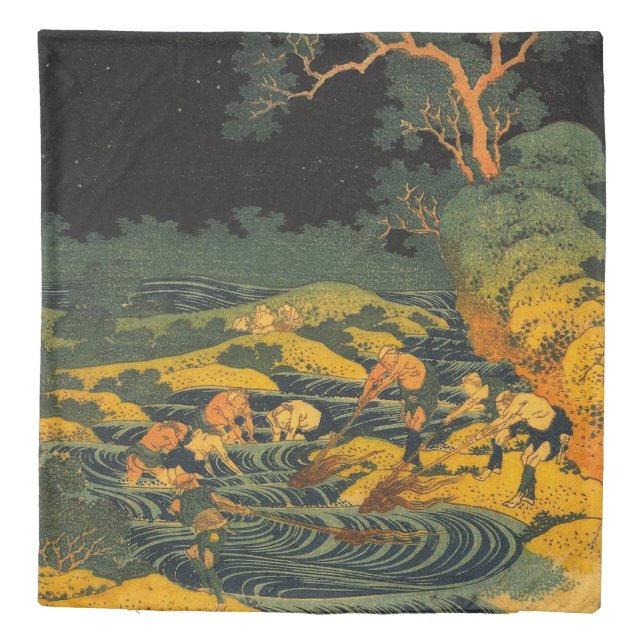 Hokusai Fishing by Torchlight Queen Duvet Cover (Back)