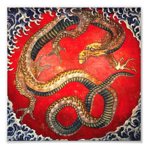 Hokusai Gold Japanese Dragon Print